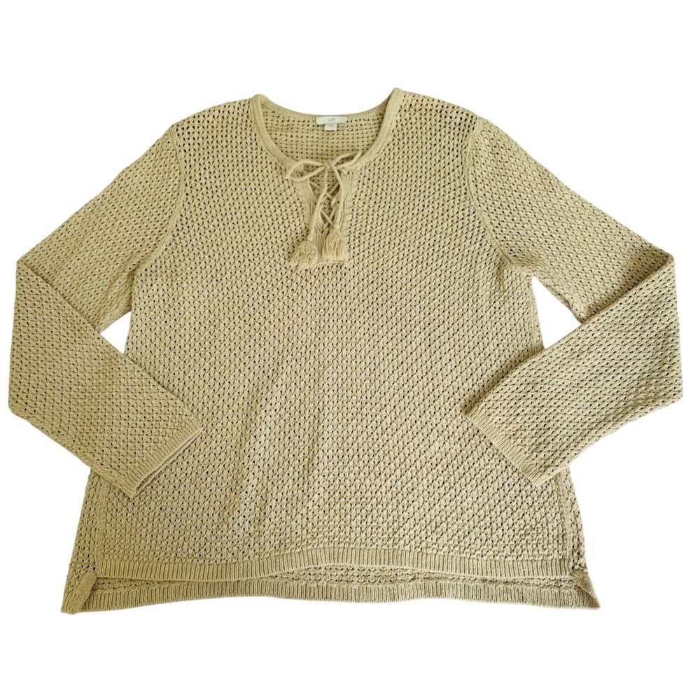 J Jill Sweater‎ Women L Beige Cotton Lace Up Open Knit Coastal Boho Beach Airy